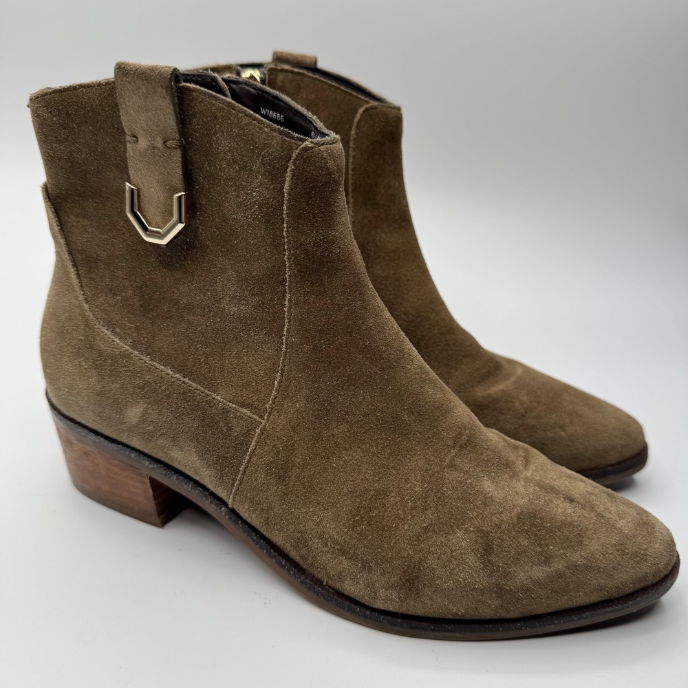 Cole Haan Olive Green Suede Ankle Boots Pointed Toe Block Heel 8.5